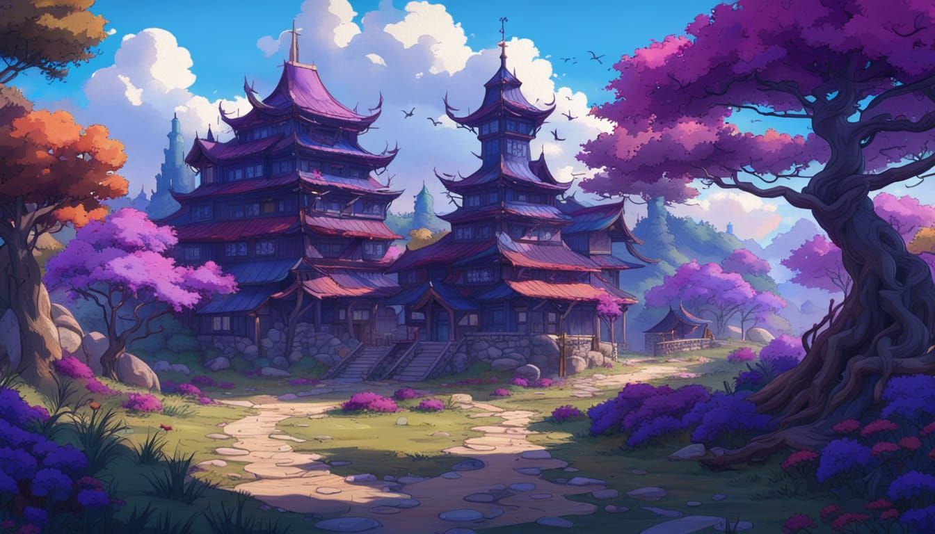 Anime-Style Village in Exotic Landscape