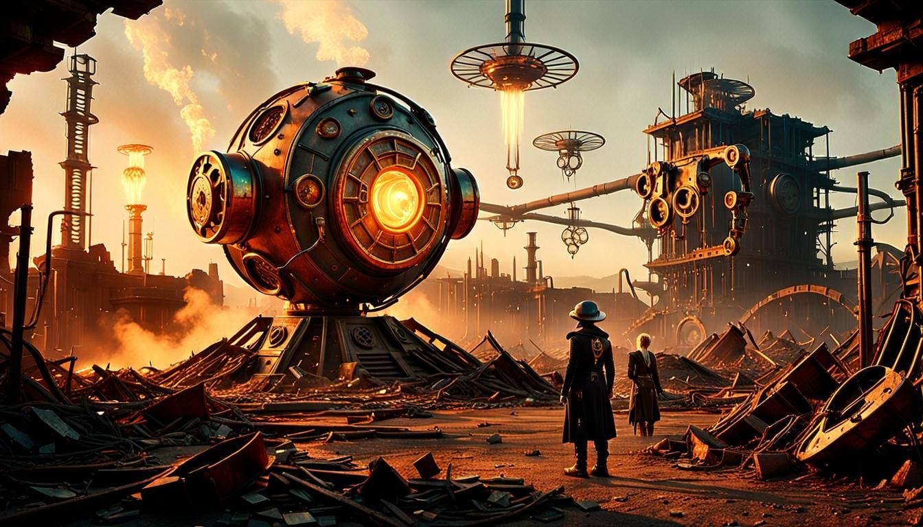 Steampunk Aliens Guard Energy Core in Post-Apocalyptic Ruins