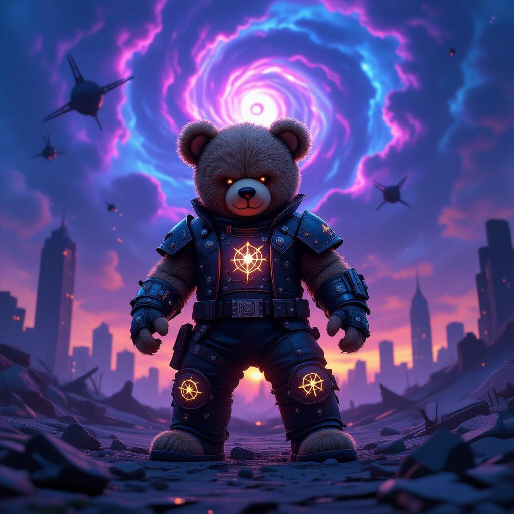Teddy Bear Warrior in Futuristic City Ruins