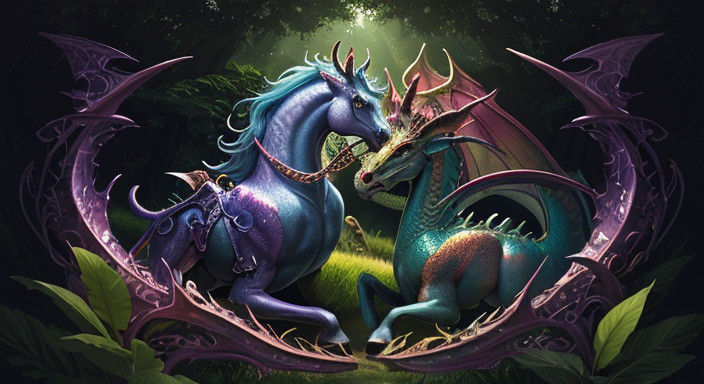 Whimsical Dragon and Horse Embracing in an Ethereal Landscap...