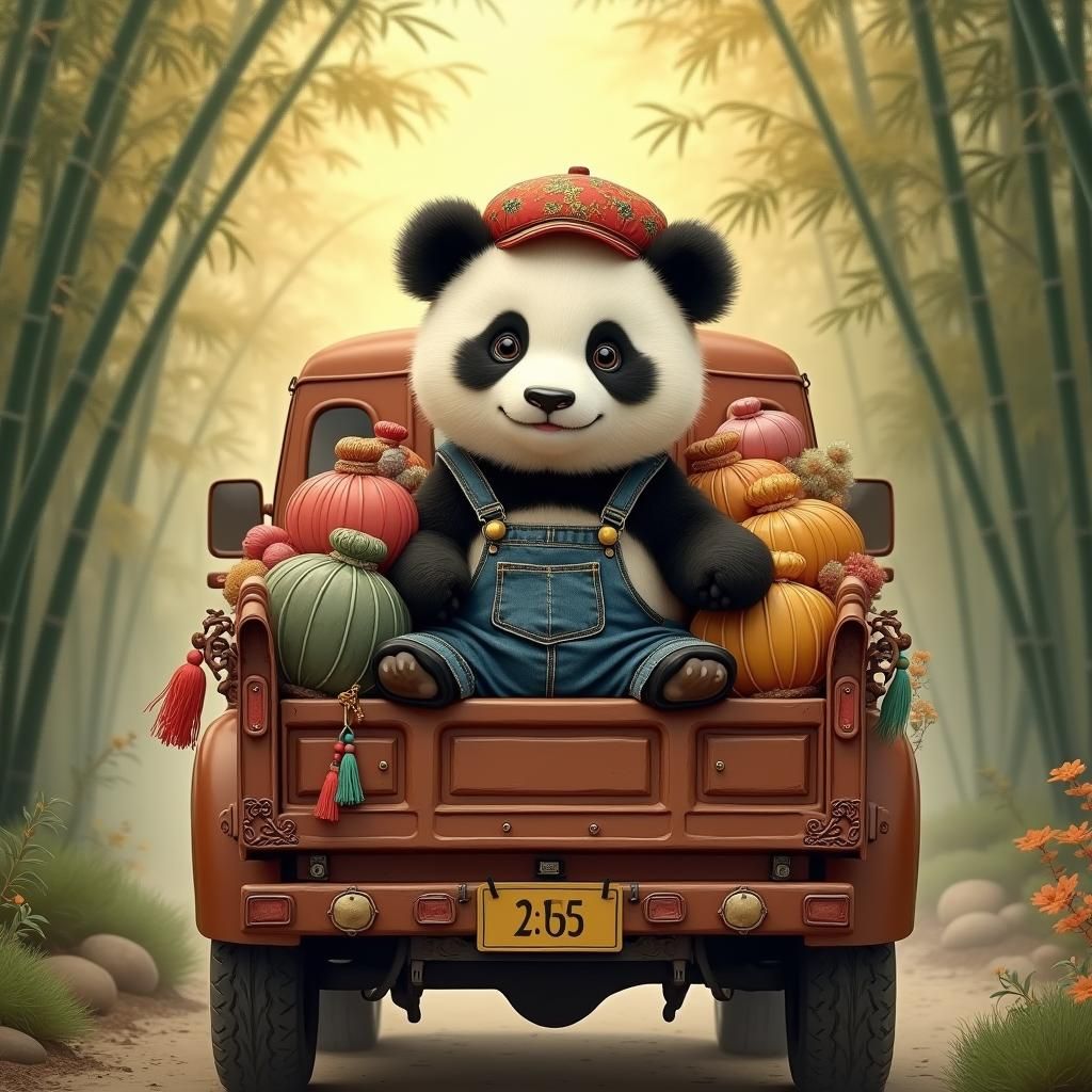 Panda Rides Chinese Truck Through Bamboo Forest
