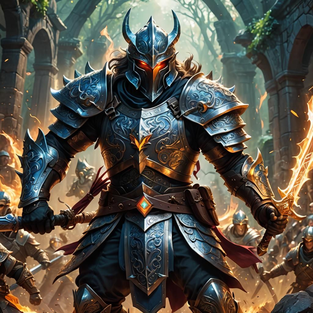 Heroic Elemental Guard in Fantasy Battle Scene