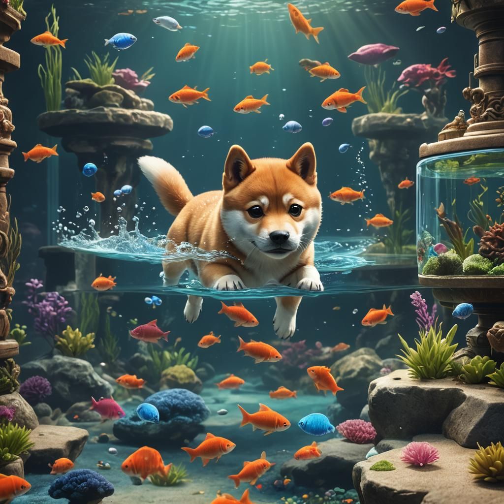 Shiba Inu Puppy's Aquarium Adventure in Detailed Digital Art