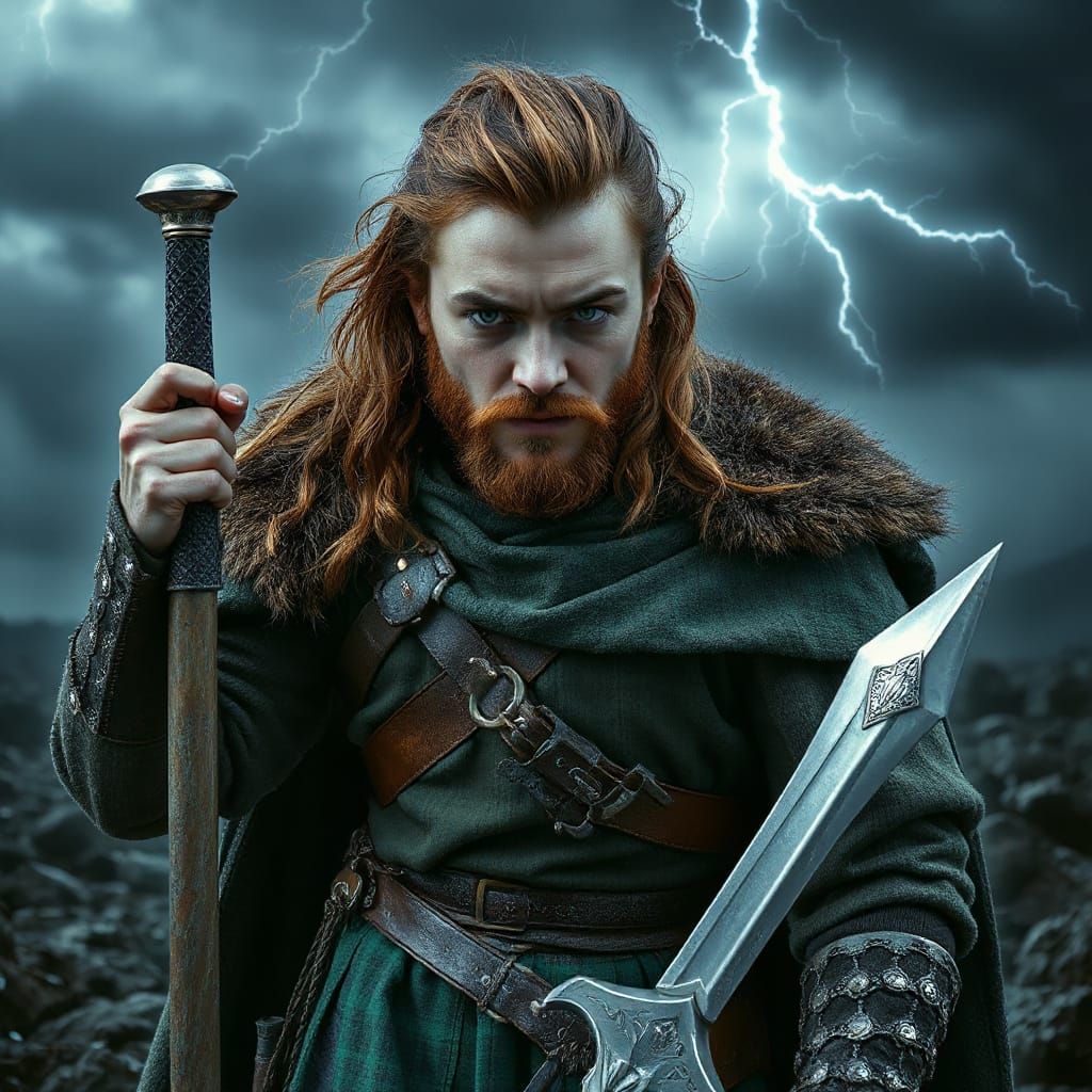 Dark Fantasy Warrior Stands Firm on Stormy Battlefield