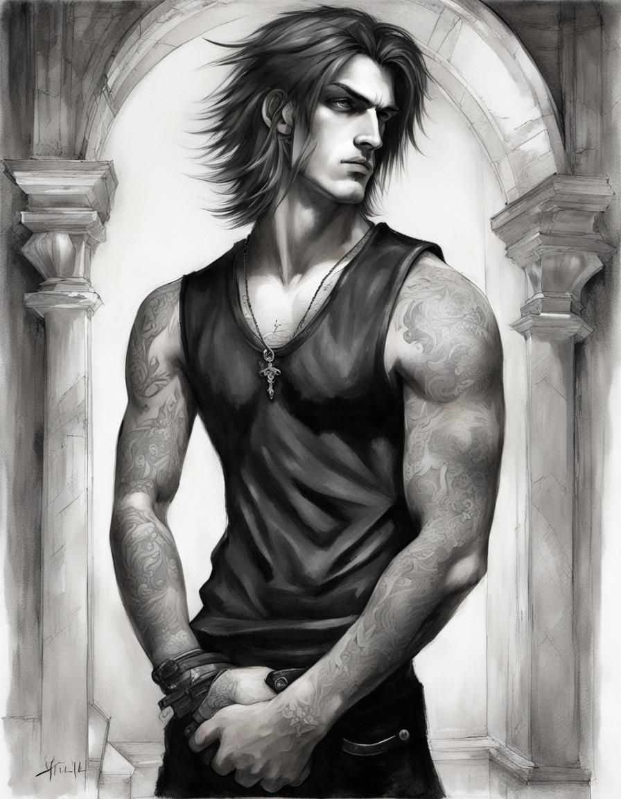 Gothic Anime Male with Tattoos and Intense Eyes
