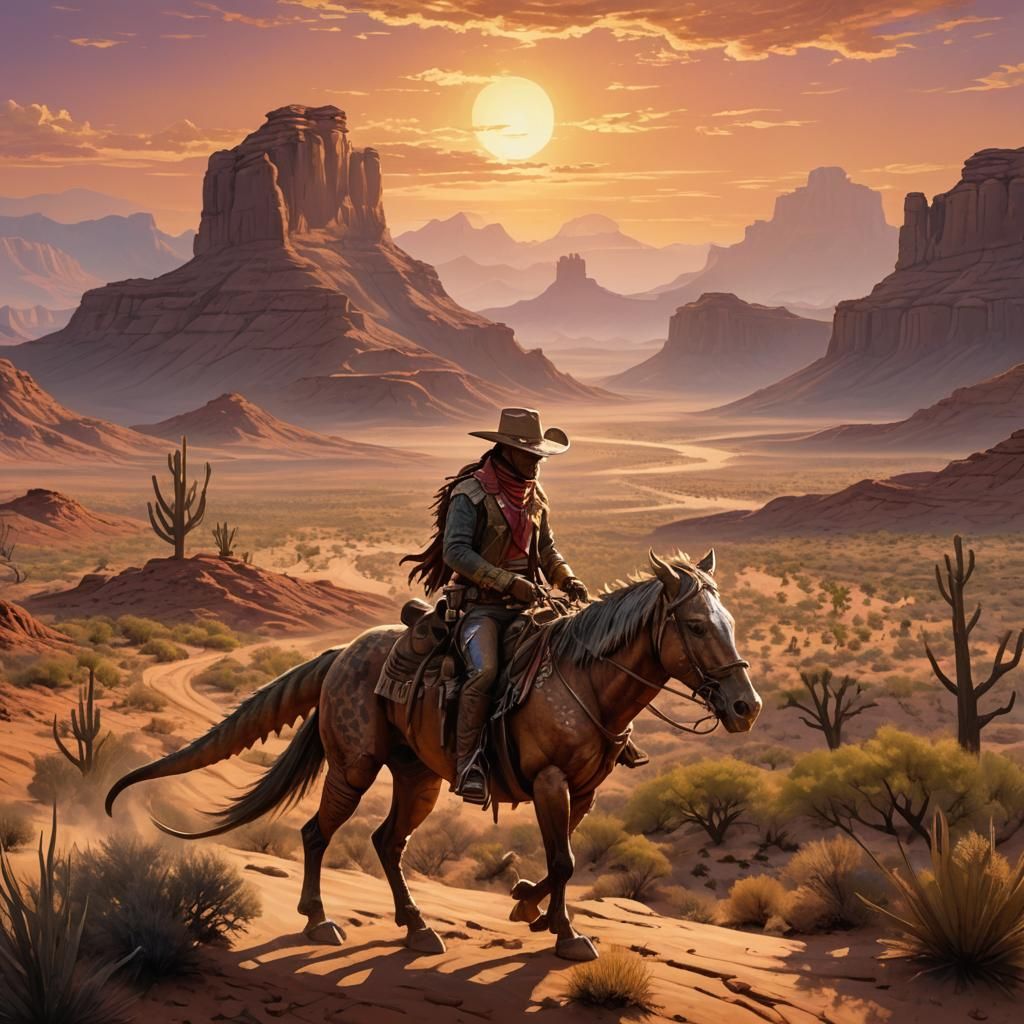 Lizardman Cowboy Rides into Sunset: Fantasy Western Art