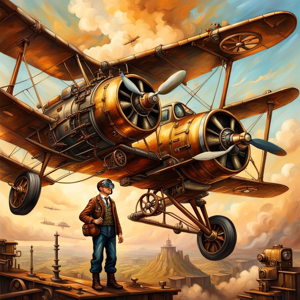 Steampunk Aircraft in Flight: Oil Painting Illustration