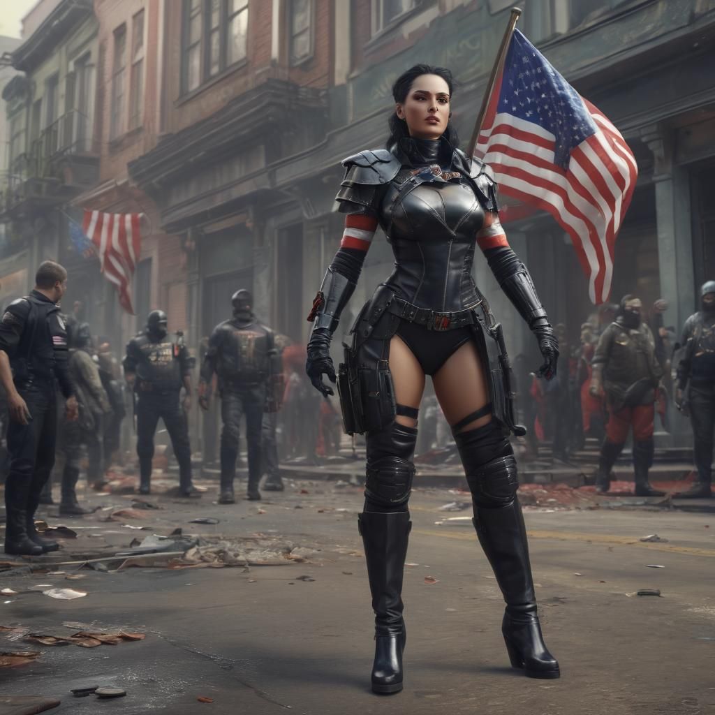 Woman in Latex Carries Flag: Matte Painting