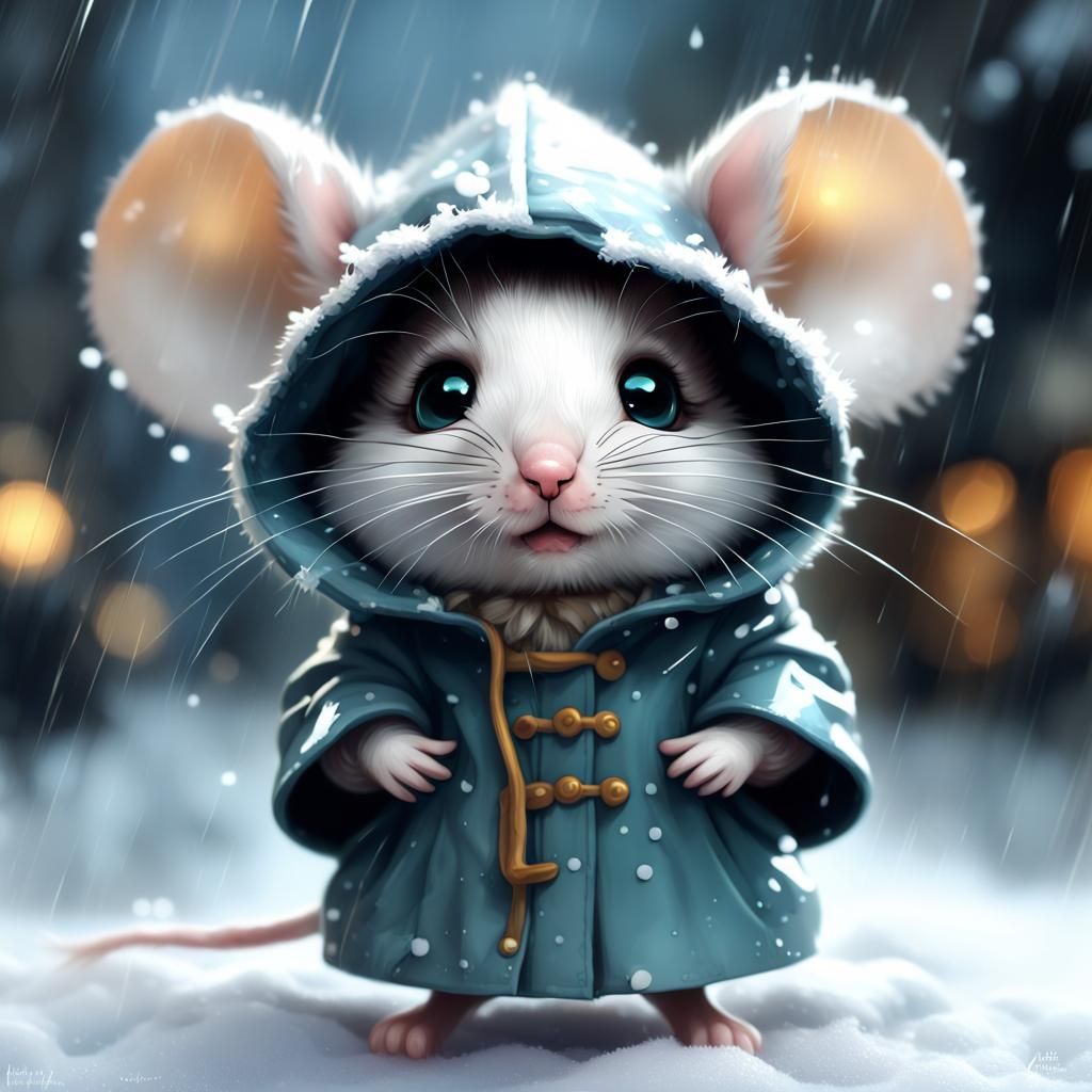 Adorable Chibi Mouse in Winter Raincoat