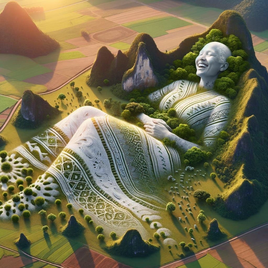 Surreal Giant Woman Merges with Landscape: Aerial View