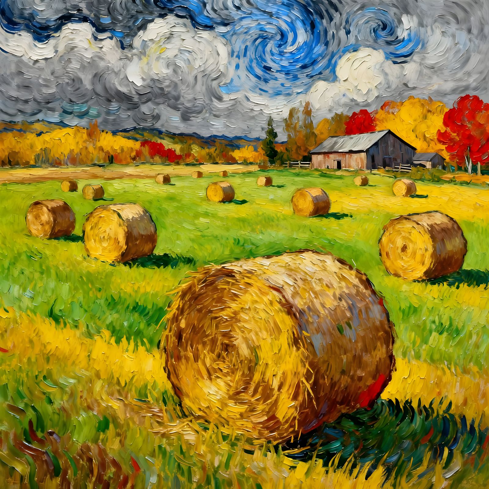 Surreal Autumn Farm Field with Hay Bales in Van Gogh Style