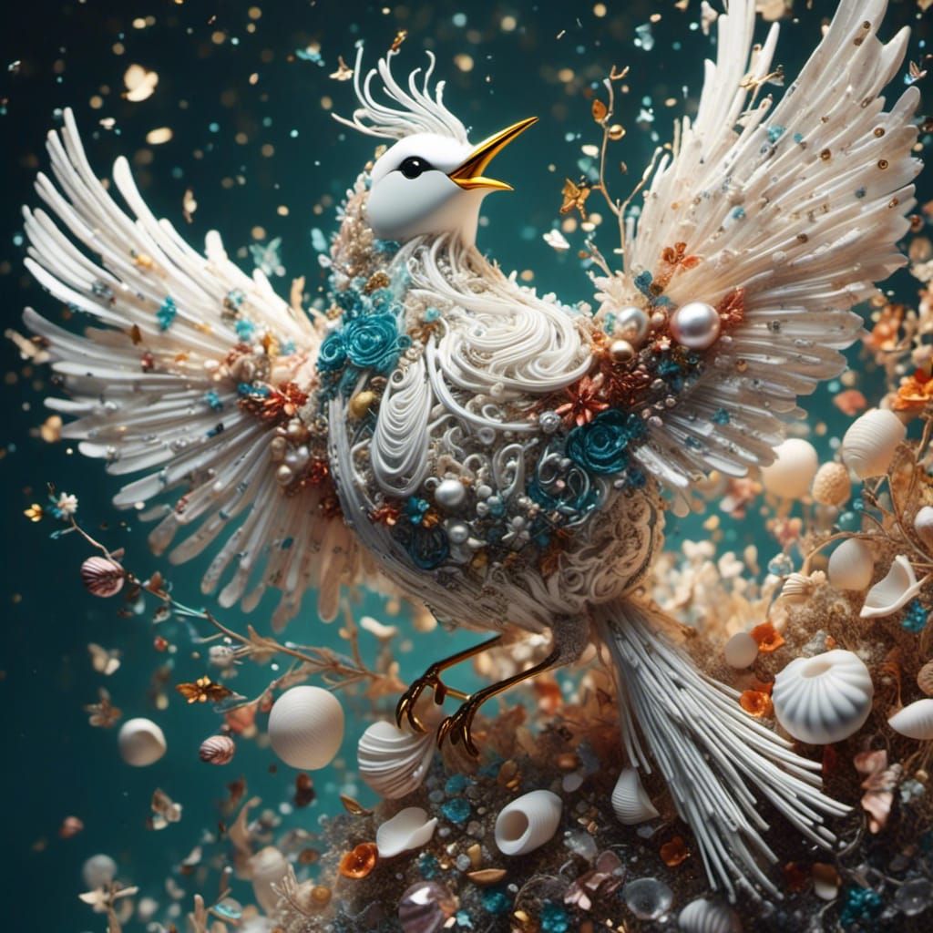 Seashell Bird: Fantastical Gem-Encrusted Matte Painting