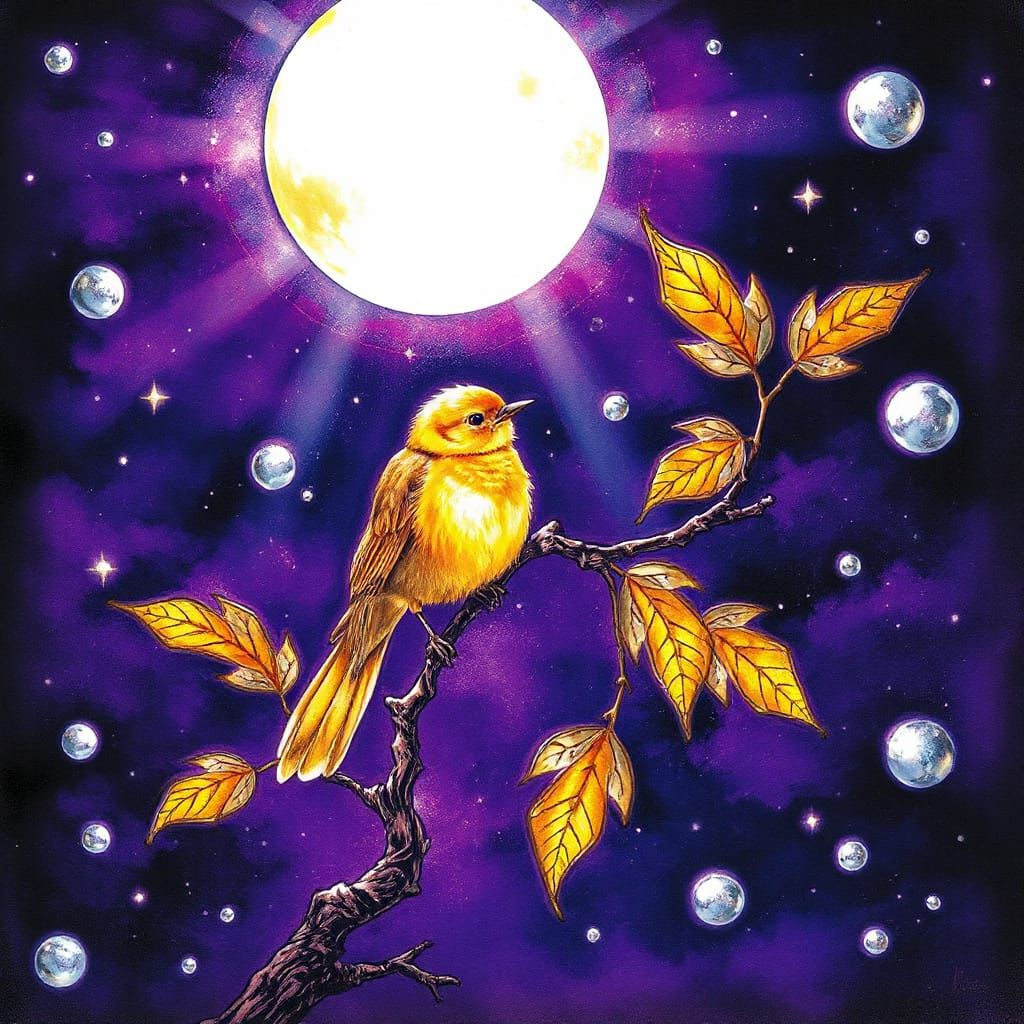 Golden Bird on Twisted Branch Under Glowing Moon