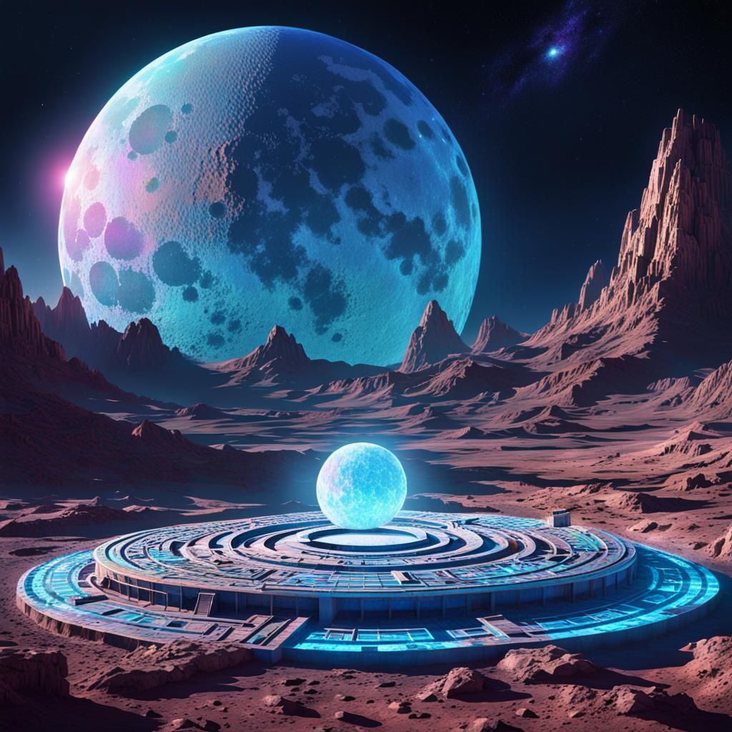 Geometric Lunar Base with Holographic Illustration