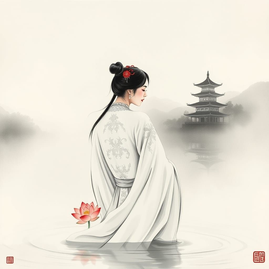 Bai Suzhen Emerges from West Lake: Ink Wash Painting