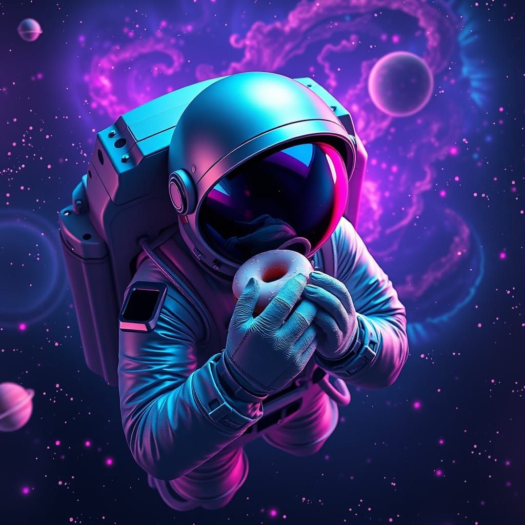 Astronaut Indulges in Donut Among Cosmic Stars and Planets