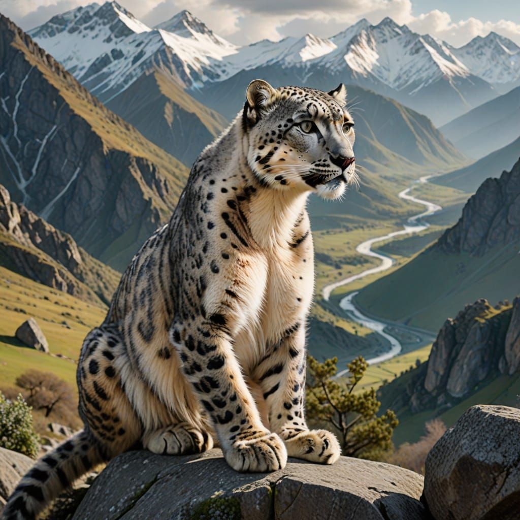 Majestic Snow Leopard Amidst Rocky Mountains