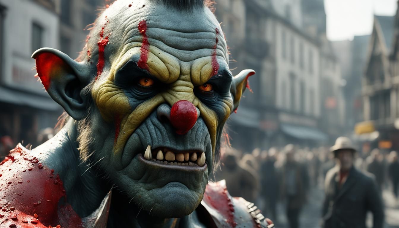 Hyperrealistic Orc Clown in Matte Painting Style