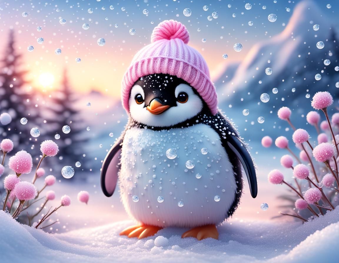 Chibi Penguin with Pink Hat in Pastel Colors