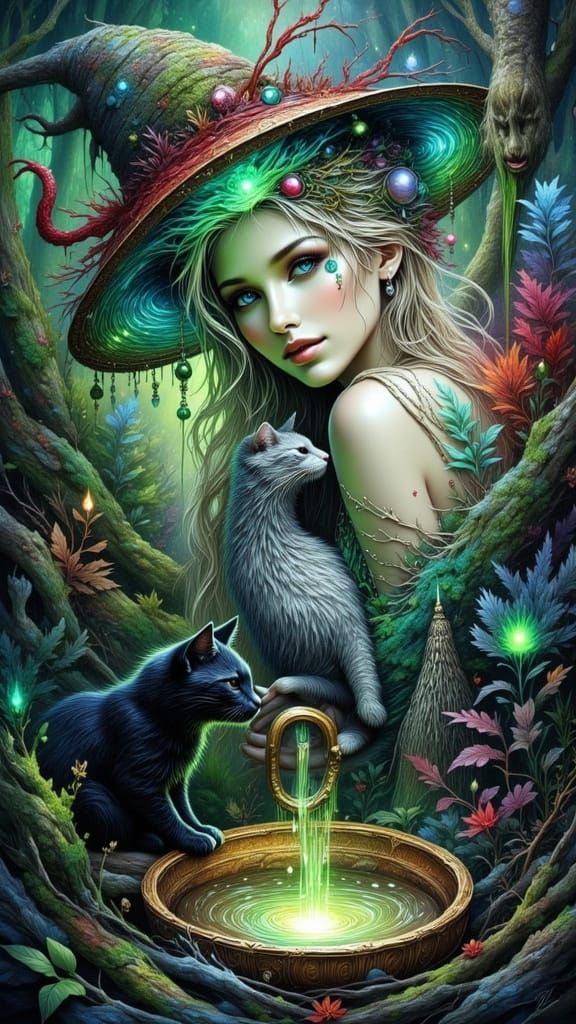 Ethereal Witch in Mystical Forest, Watercolor Style