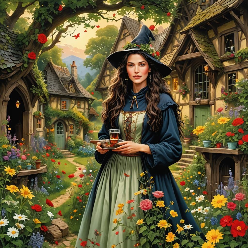 Enchanting Healer Witch in Fantasy Storybook Cottage