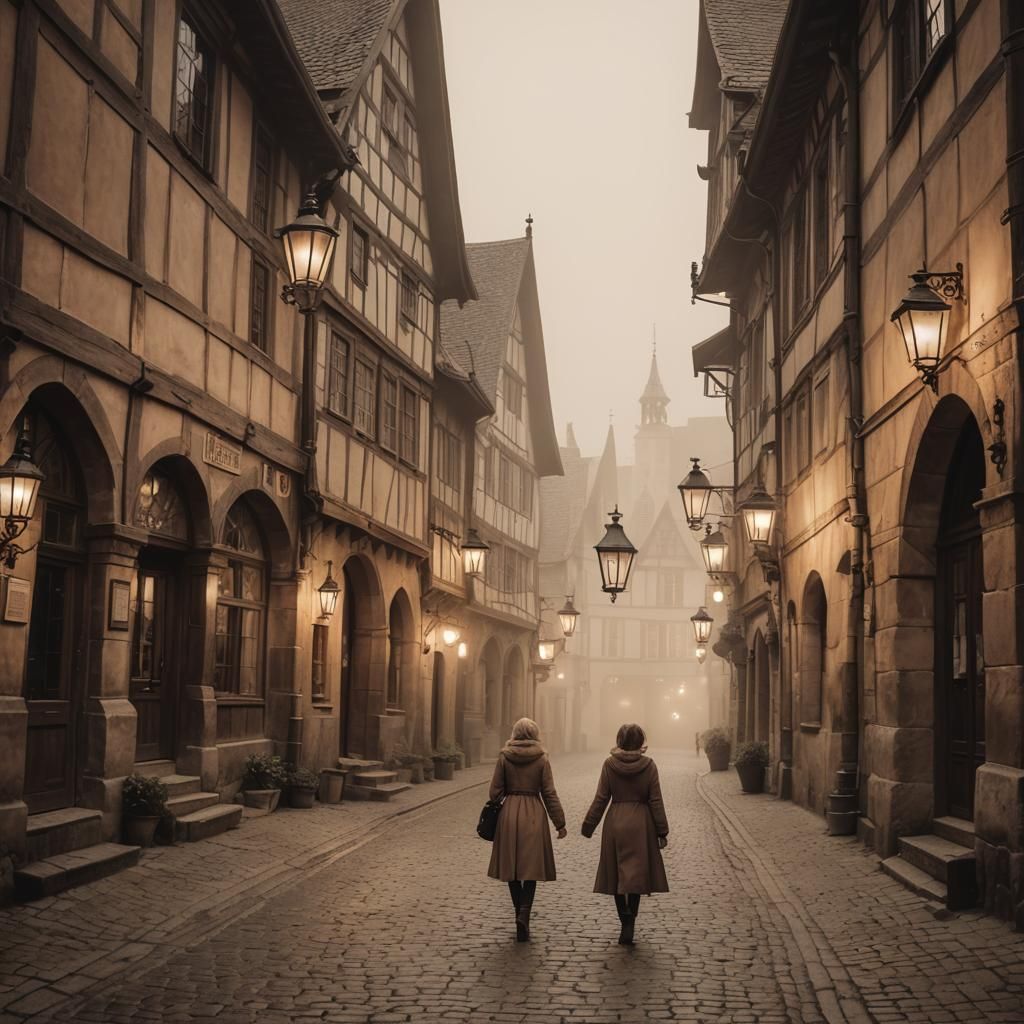 Dreamy Sepia Street Scene with Woman