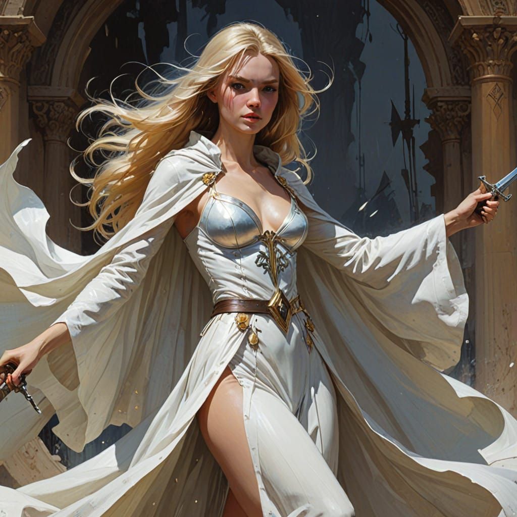 Elegant Swordswoman in the Style of Frazetta and Syd Mead