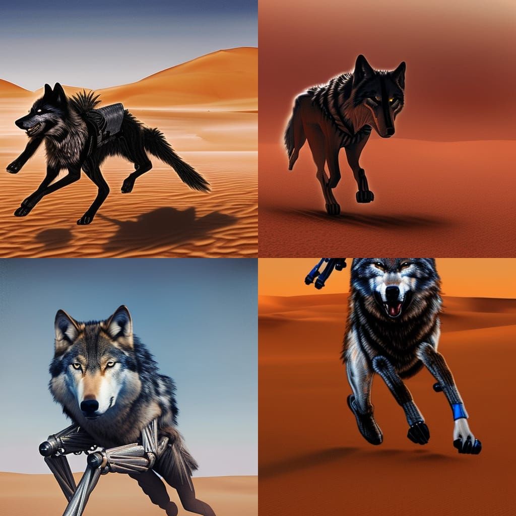 Cyborg Wolf Running in Sahara, Hyperrealism Style