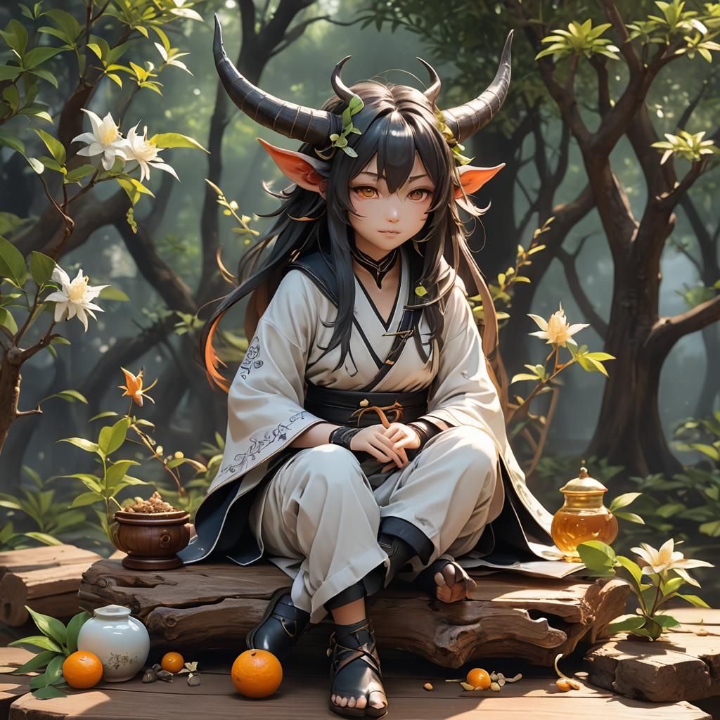 Cute Demon on Wood in Anime Style