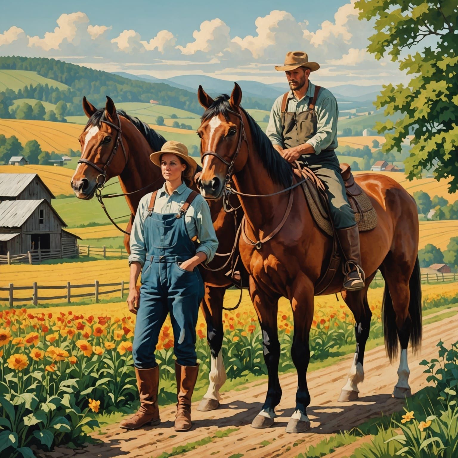 Farmers and Horse in Regionalism Art Style