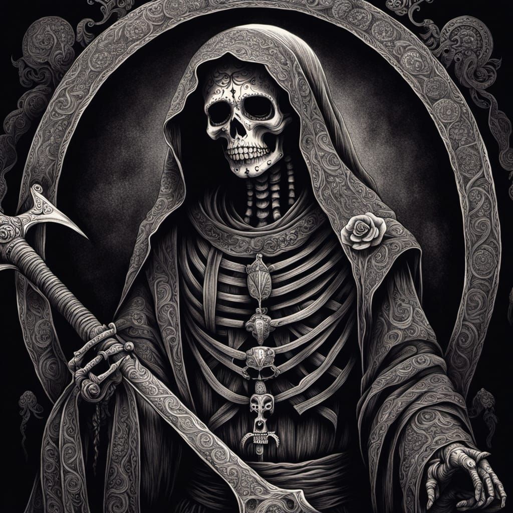 Mysterious Santa Muerte Charcoal Portrait in Dark Academic S...