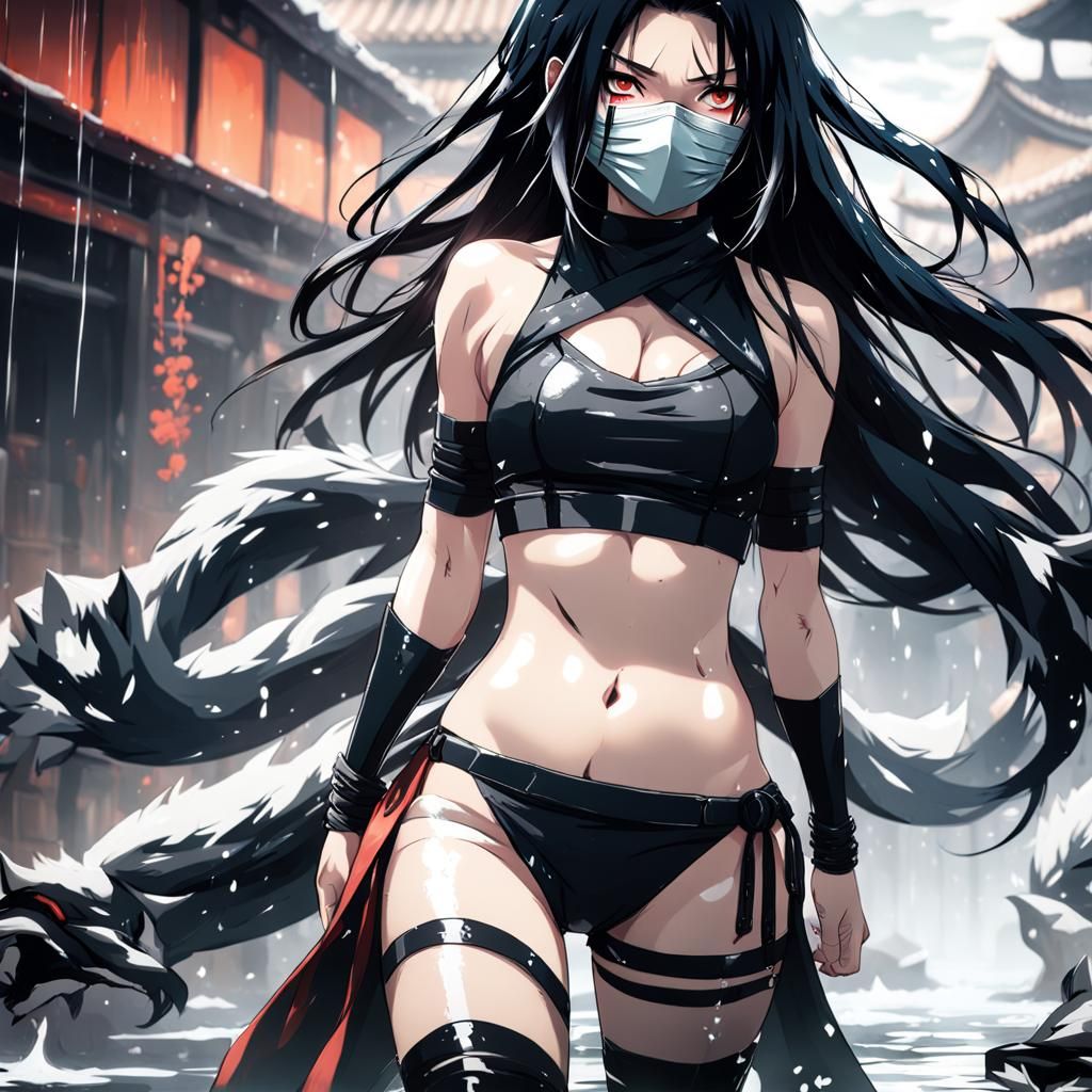 Mysterious Ninja Girl Preparing Attack at Night