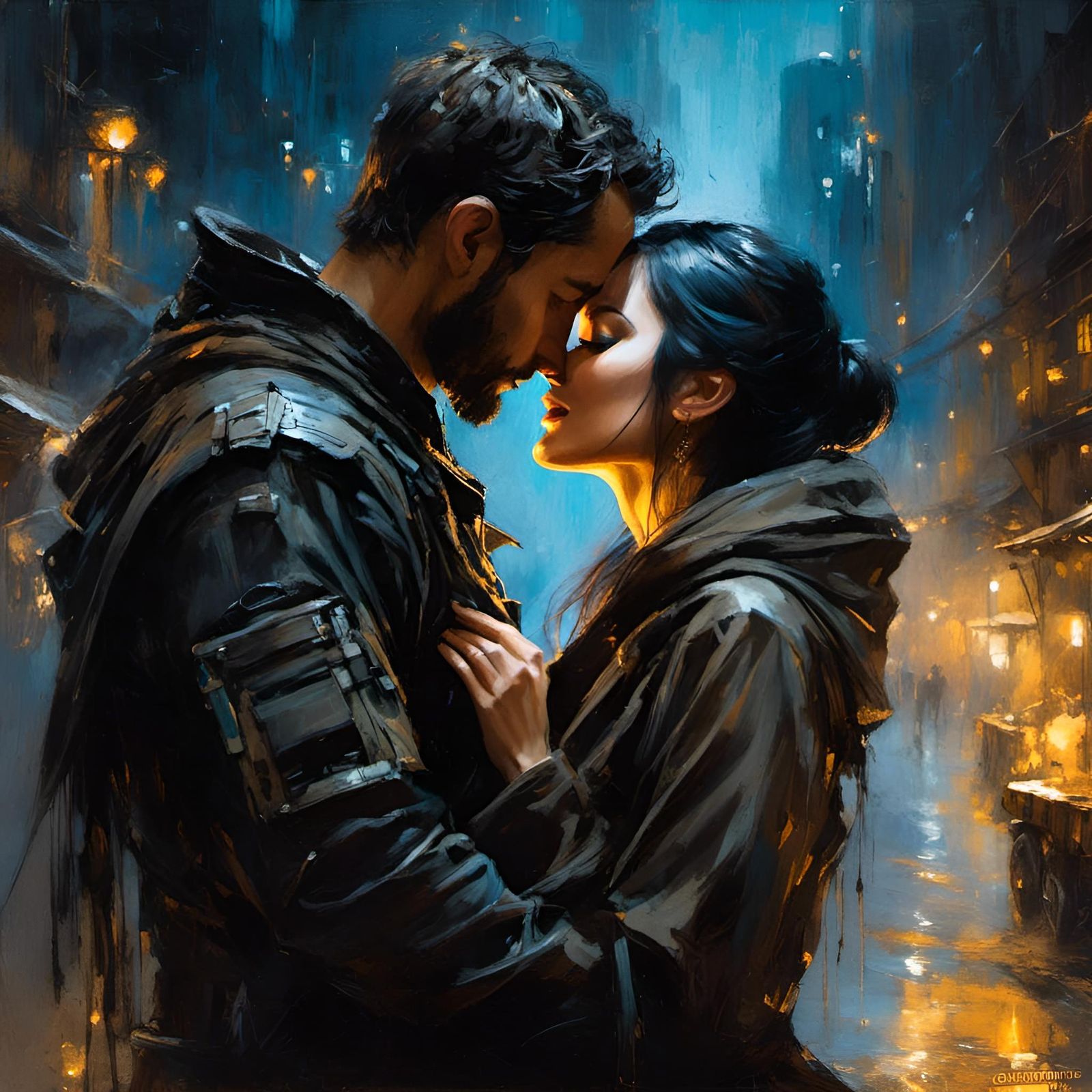 Cyberpunk Mercenaries Share a Kiss in Dystopian Outpost