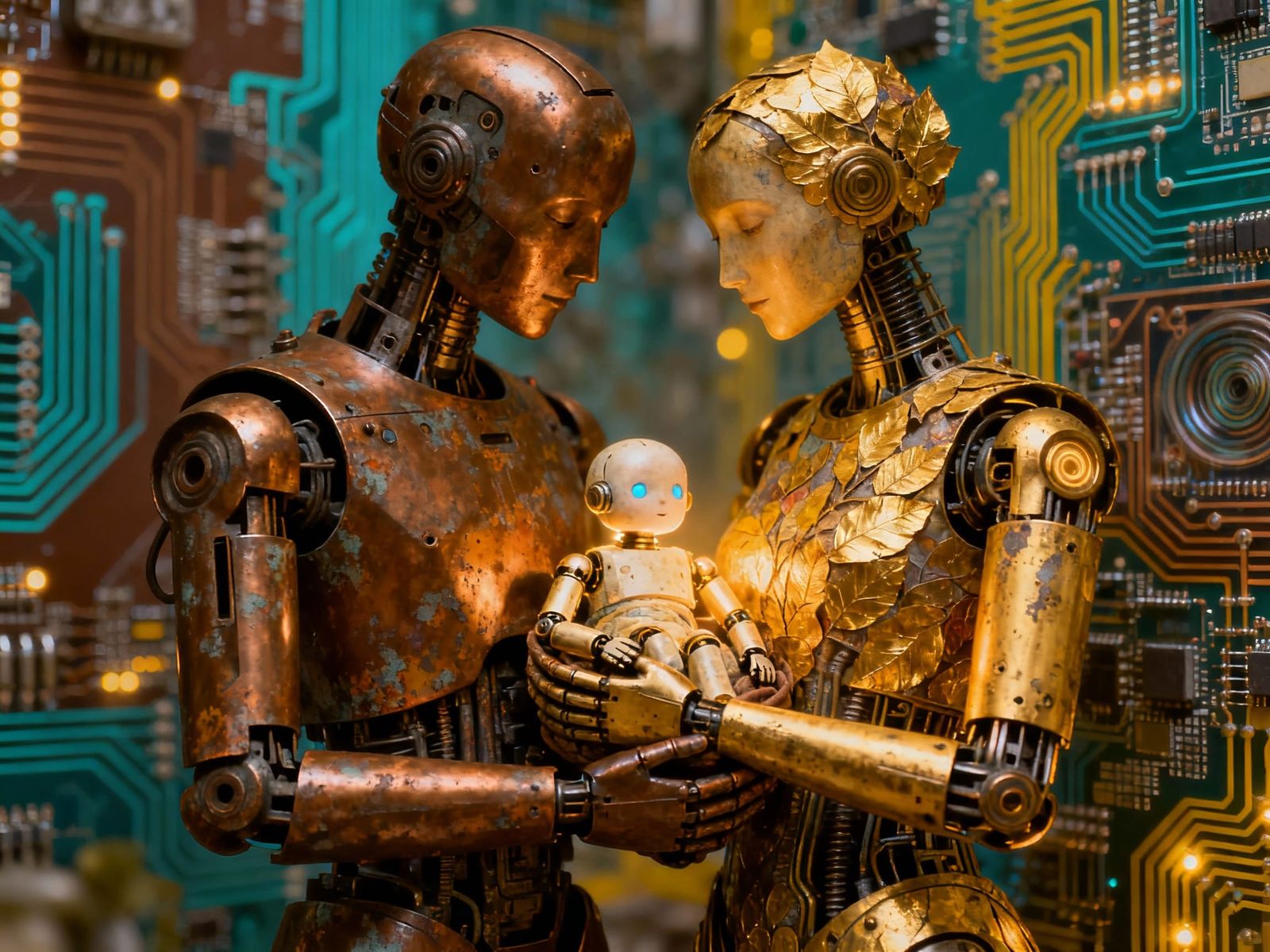 Robot Family Cuddles Baby in Futuristic Sci-Fi Scene