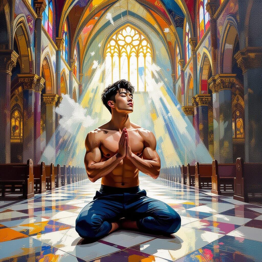 Gay Man Kneeling in Celestial Cathedral Neo-Impressionist St...