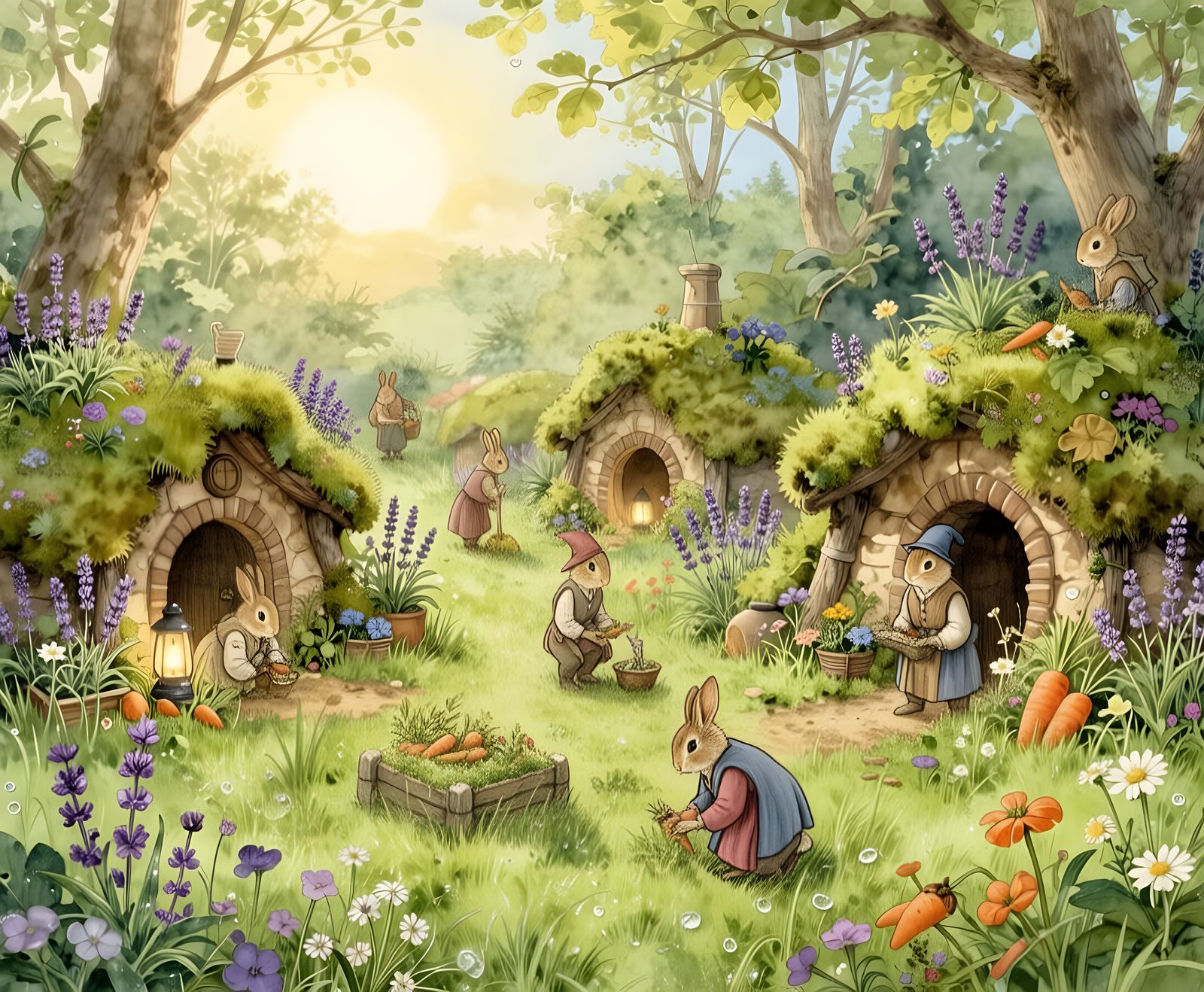 Beatrix Potter Style Rabbits in Medieval Village