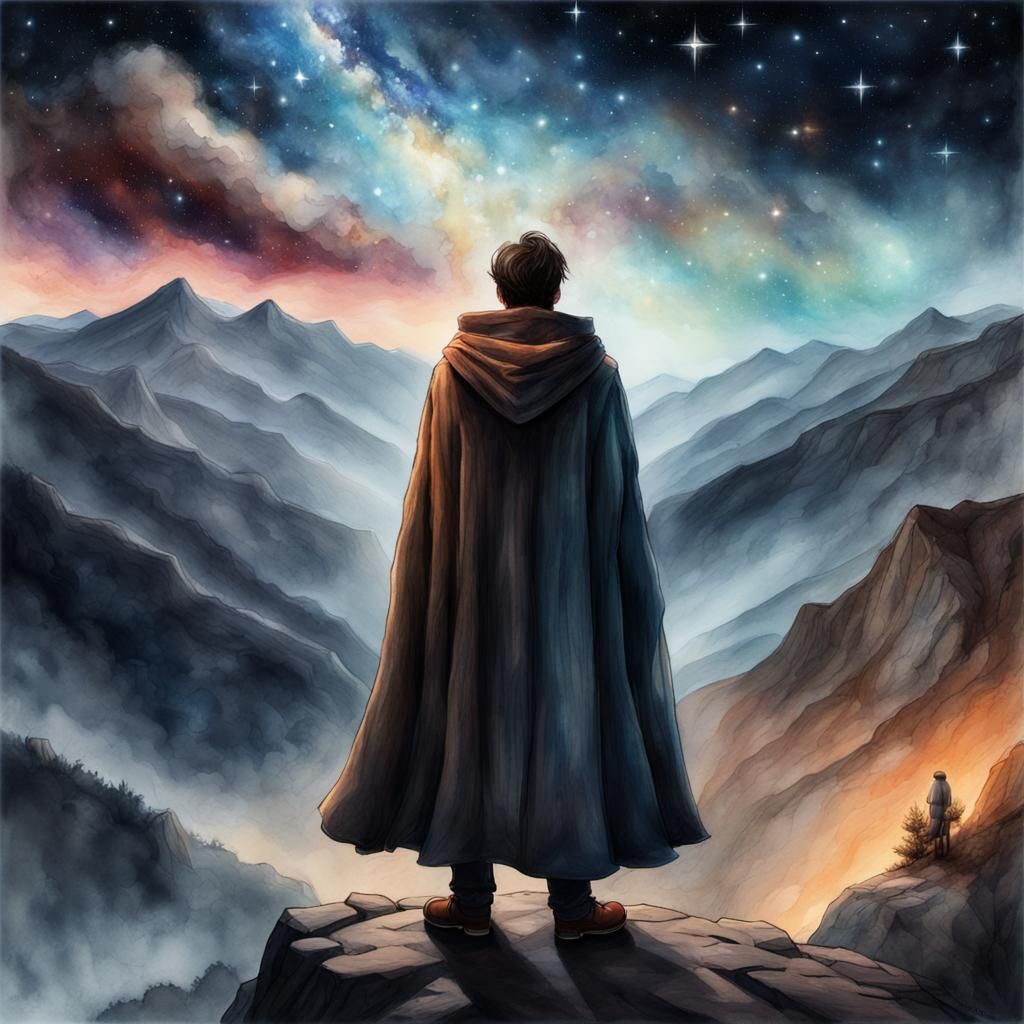 Cloaked Figure Gazing at Starry Night: Hyperrealistic Art