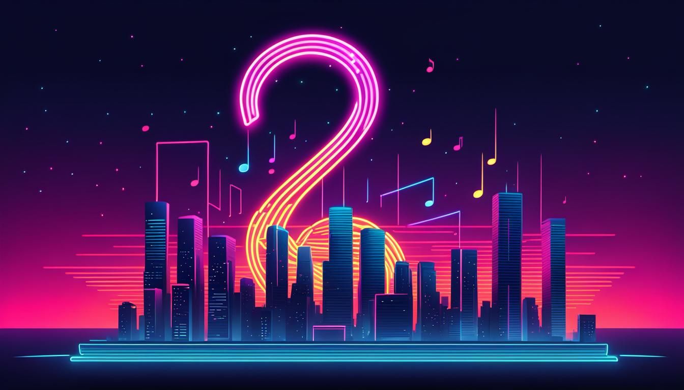Synthwave City Shaped Like a Musical Note