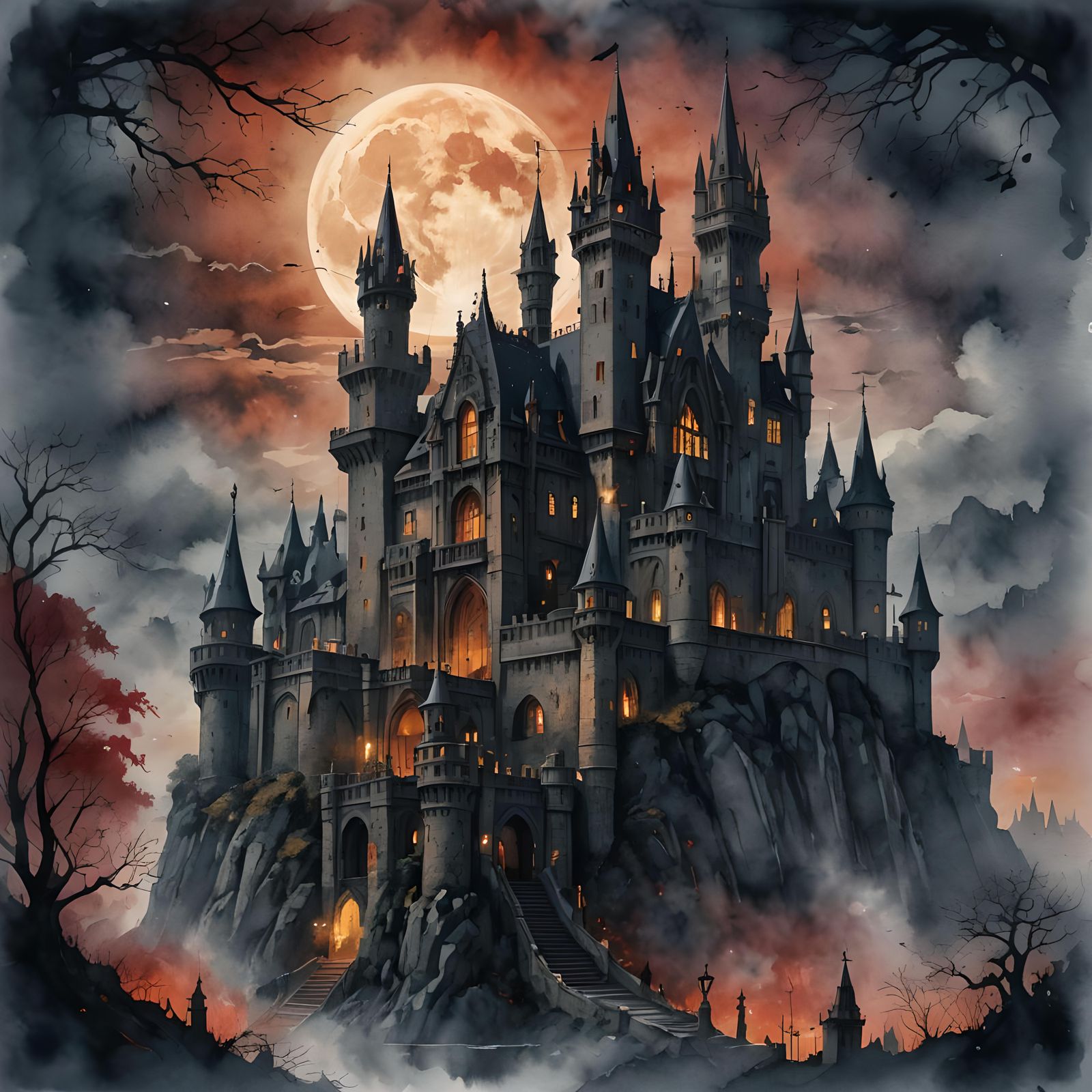Gothic Castle Bloodmoon Digital Watercolor Illustration