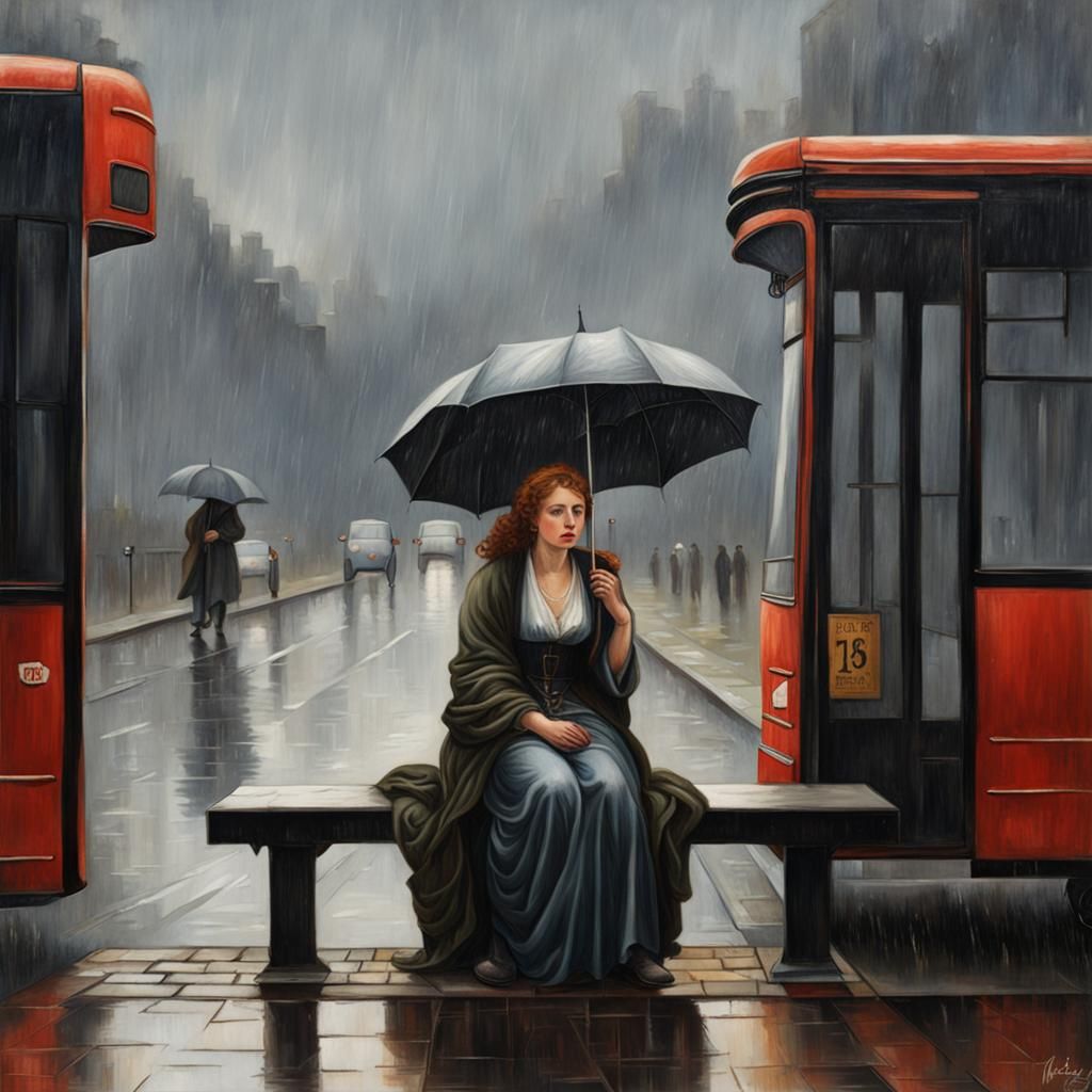 Renaissance Lady Waits at Rainy Bus Stop