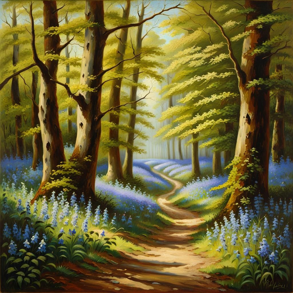 Bluebell Forest Path in 19th Century Oil Painting