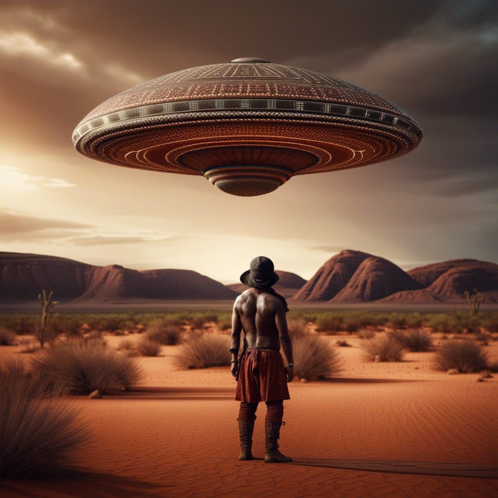 Aboriginal Man and UFO in Hyperrealistic Desert