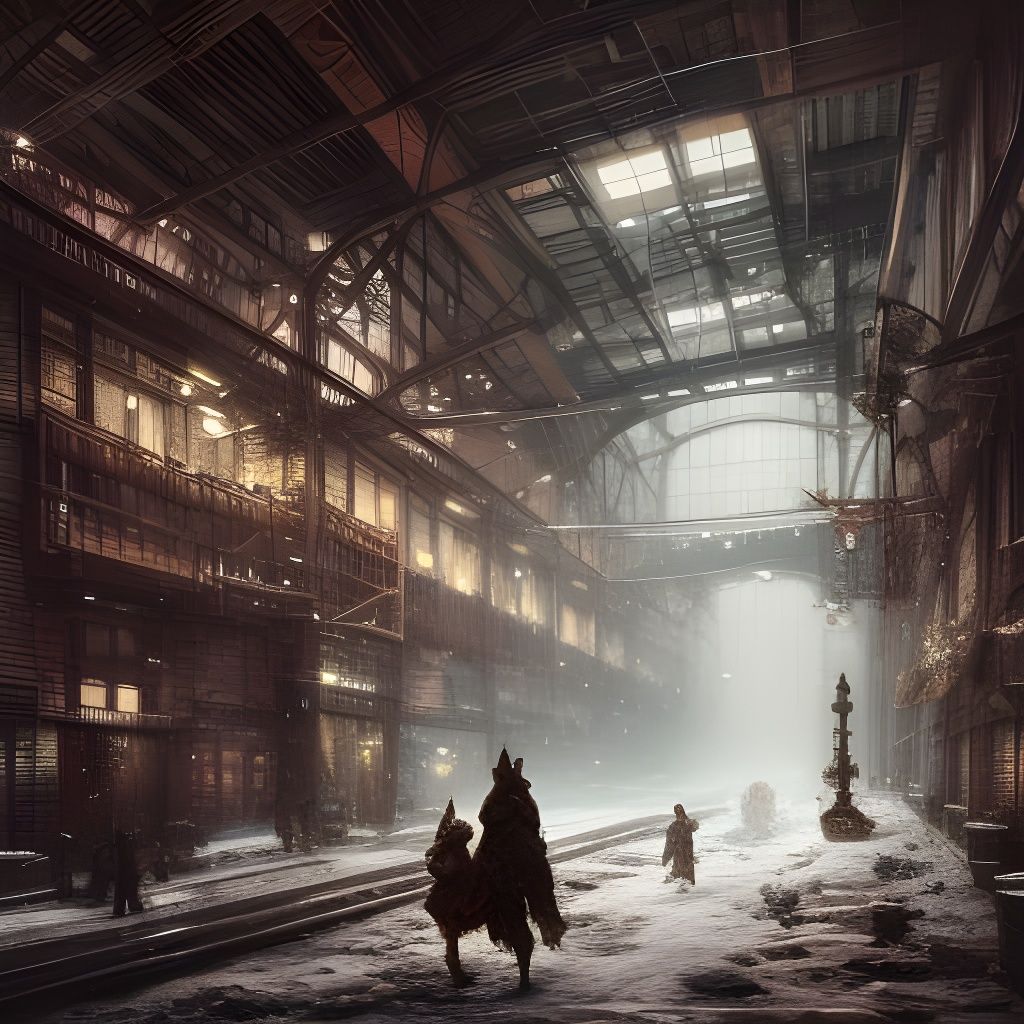 Snowy Steampunk Warehouse in Cinematic Style
