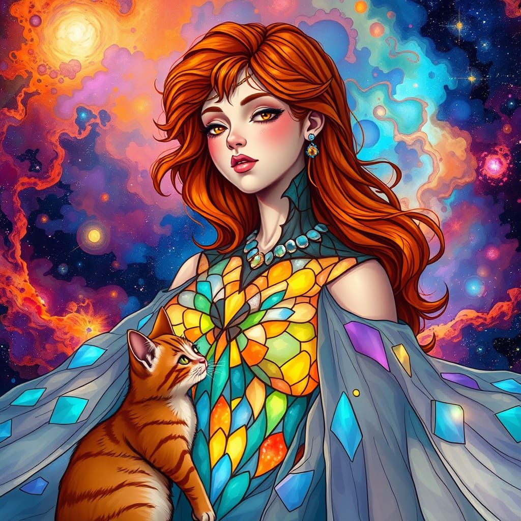 Ginger Goddess in Stained Glass Galaxy Dress