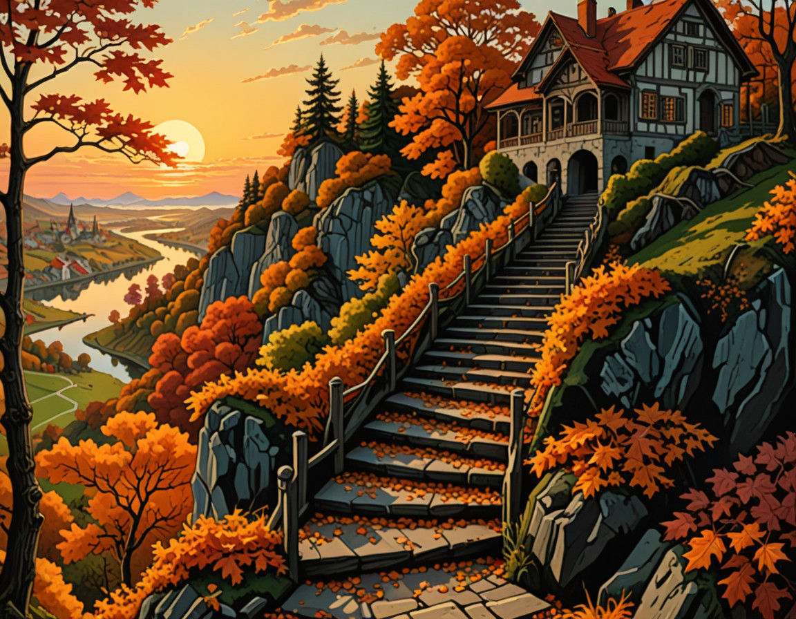Stairway Autumn Sunset in Escher-Inspired Landscape