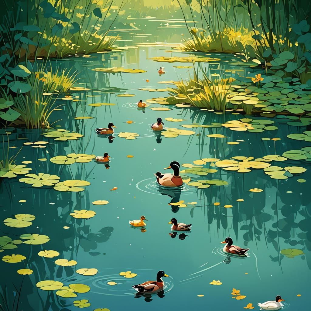 Ducks on Pond: Digital Illustration in Cel-Shaded Style