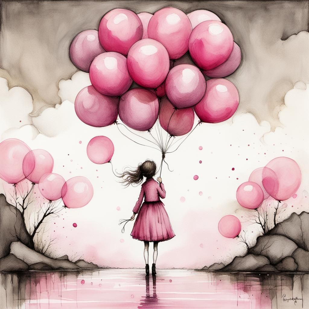 Whimsical Girl With Pink Balloons Illustration