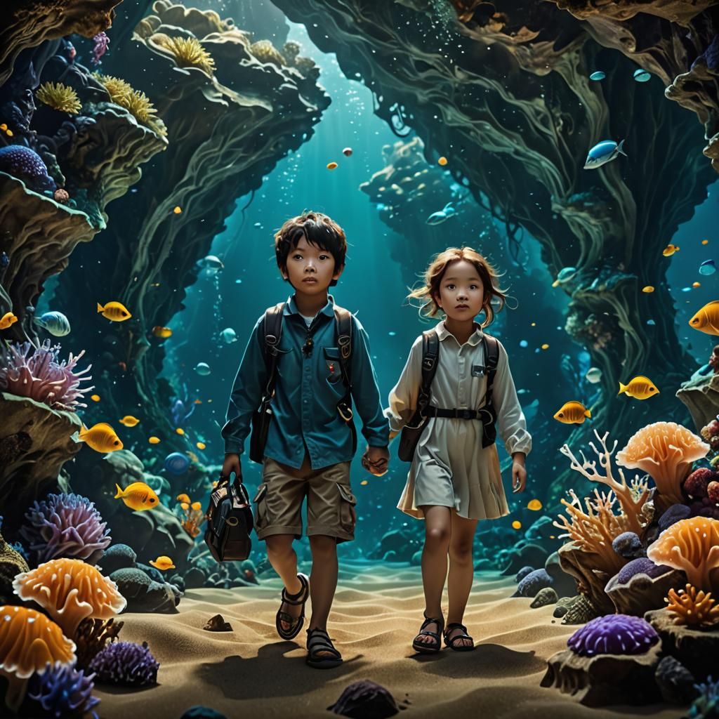 Children Explore Underwater Cave: Macro Photography
