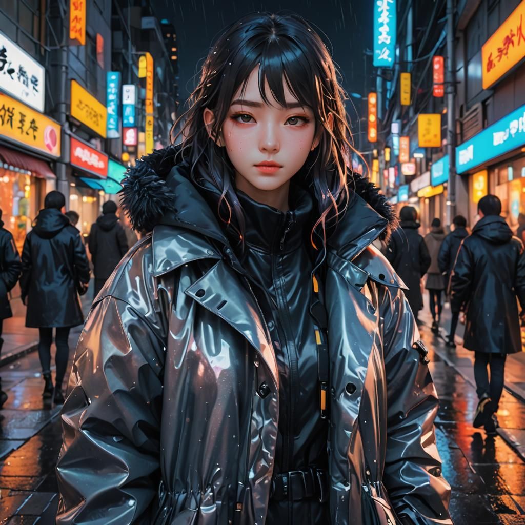 Anime Girl in Oversized Coat, Hyper-Realistic 3D Art