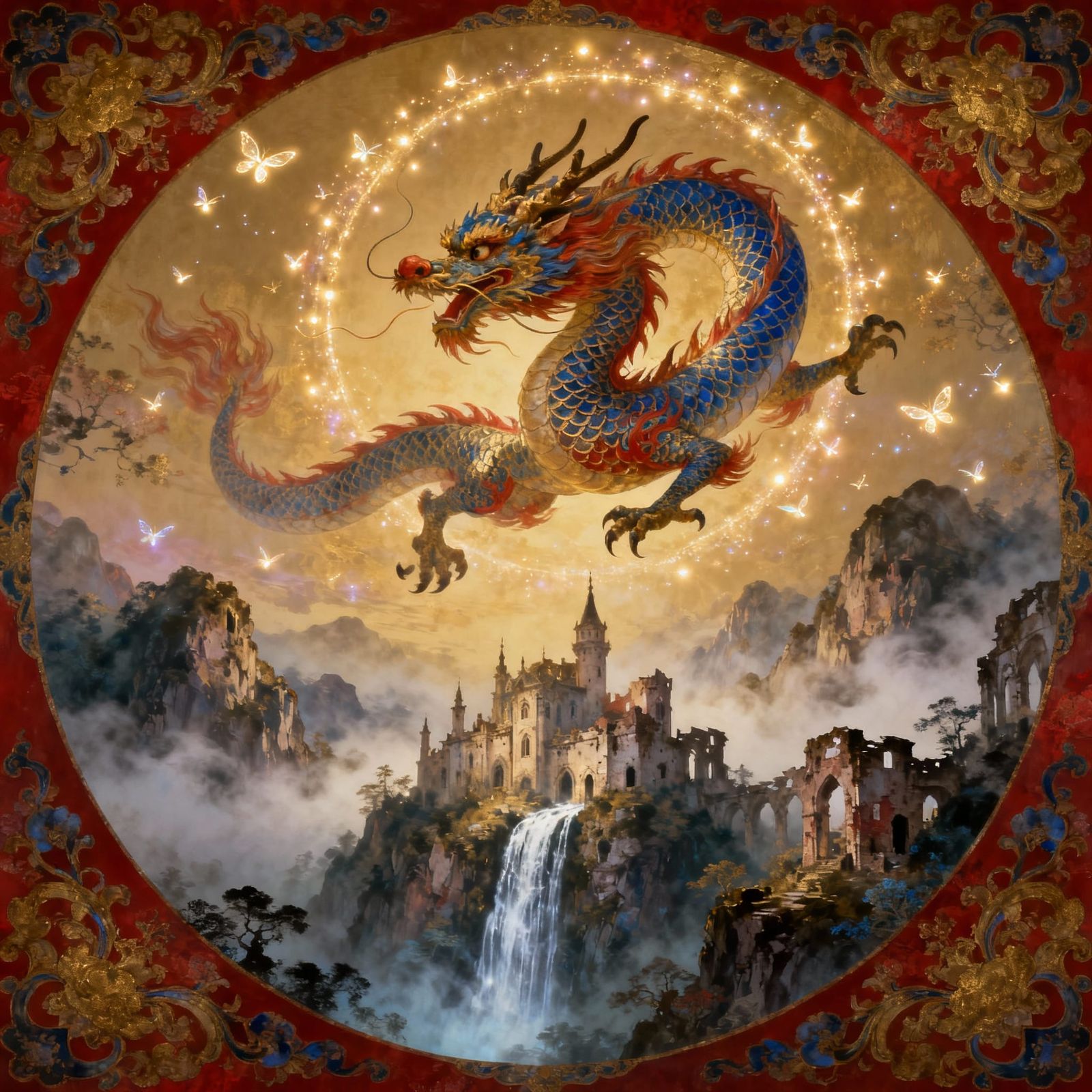 Majestic Chinese Dragon Over Ruined Castle in Ethereal Light